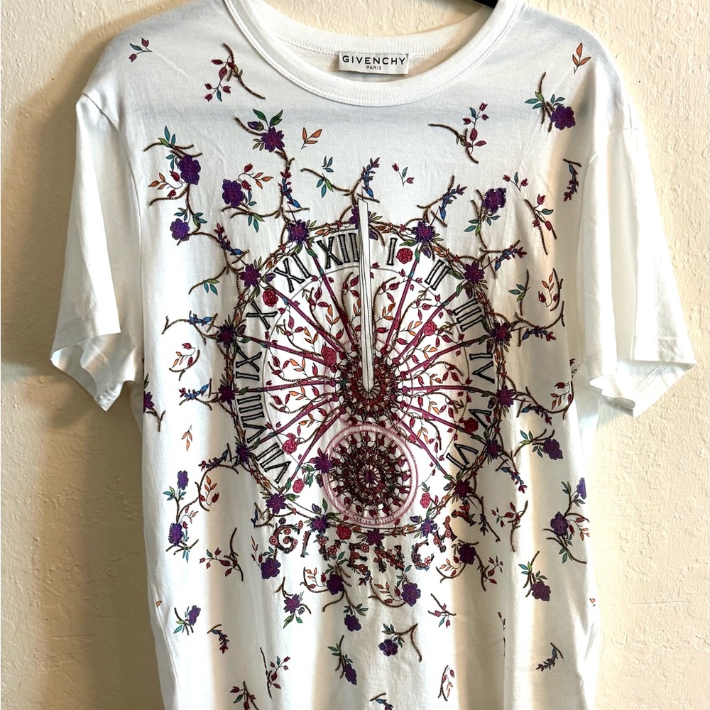 Givenchy Embroidered Clock Floral Tee — Rare Runway Piece, Sz SMALL (oversized)